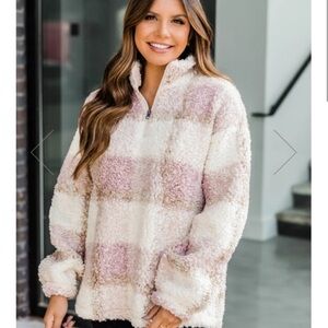 Pink Lily A Round of Applause Plaid Sherpa Pink Pullover